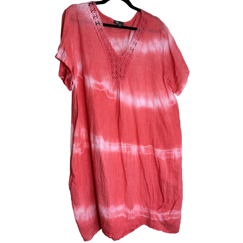 JM Italy Tunic Dress Womens XL Pink Linen Lace Beachy Coastal Vacation Cover up